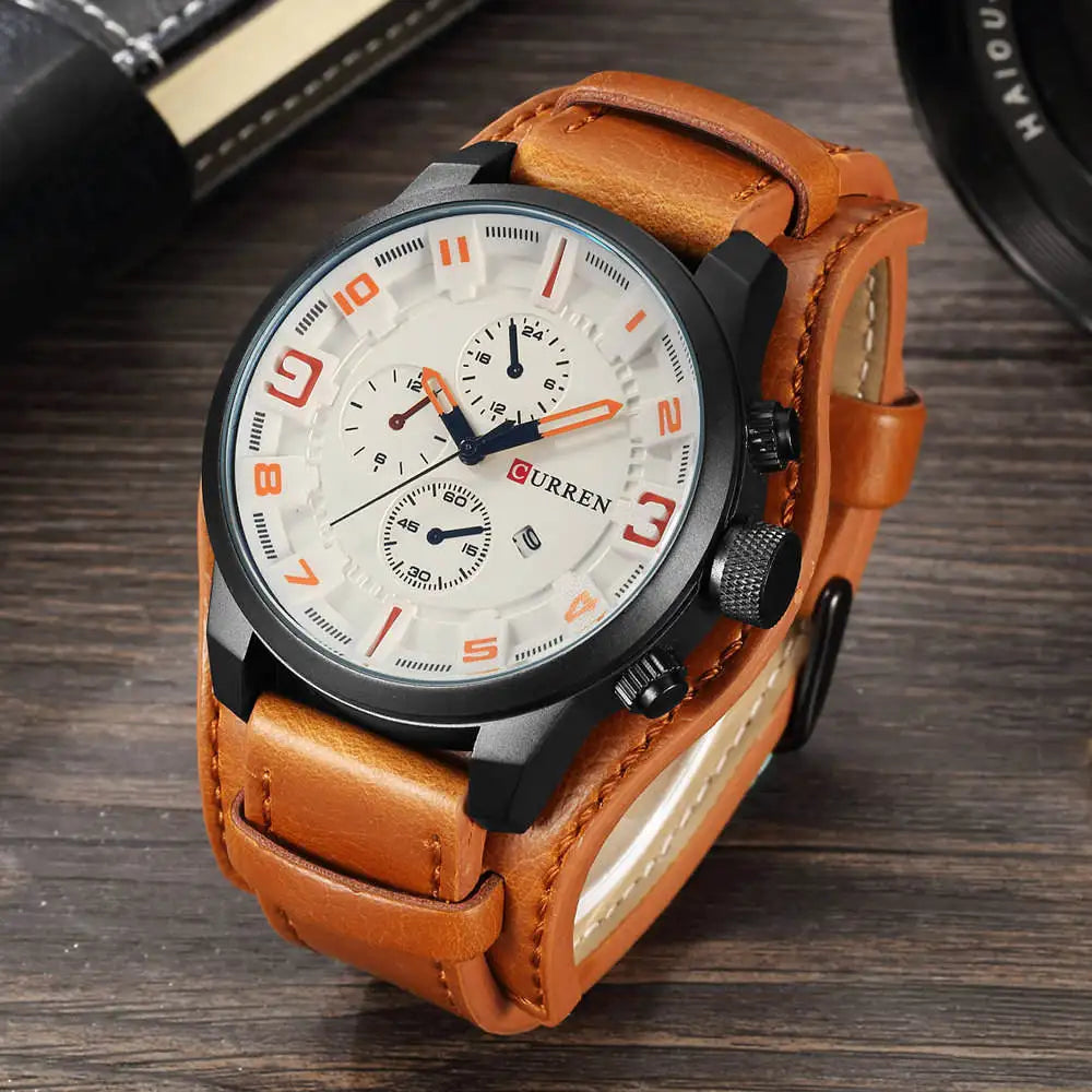Curren Sport Military Watch — Leather Strap, Date