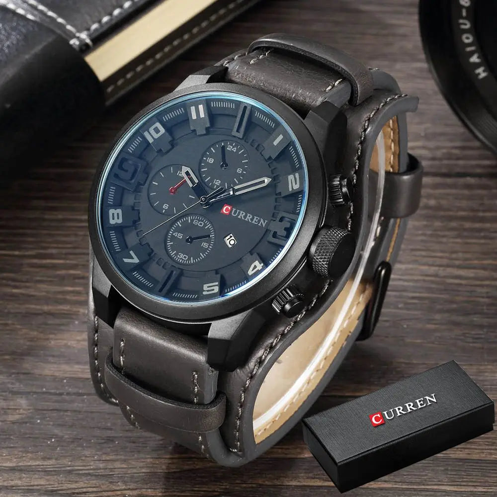 Curren Sport Military Watch — Leather Strap, Date