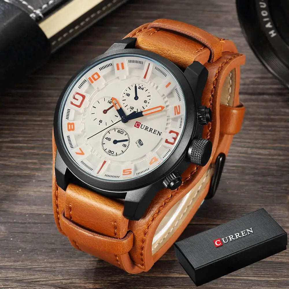 Curren Sport Military Watch — Leather Strap, Date