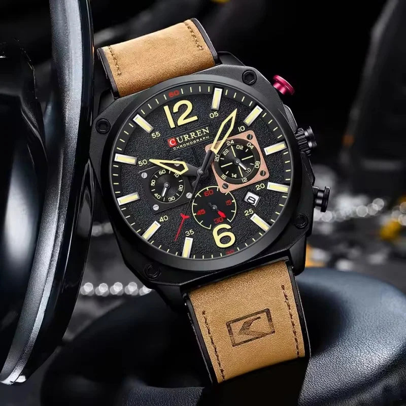 CURREN 8398 Fashion Water-resistant Men's Watch, Six-hand Calendar Quartz Wristwatch with Leather Strap