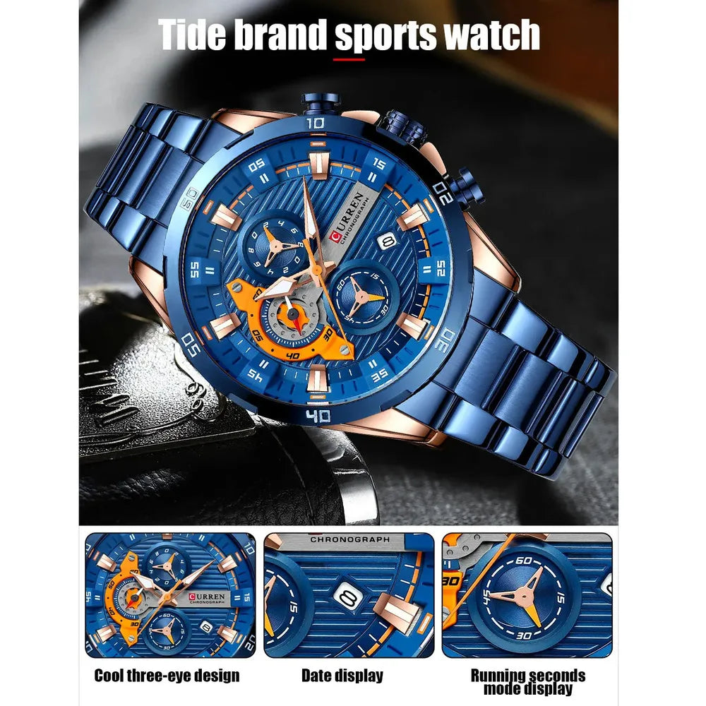 CURREN 8402 Top Brand Men's Stainless Steel Waterproof Quartz Watches Multi functional Date Three Needle Quartz Watches for Men