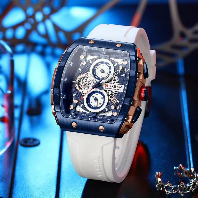 CURREN 8442 Fashion Large Dial Sports Watch with Unique Rectangular Hollow Design Quartz Watch with Automatic Date Chronograph