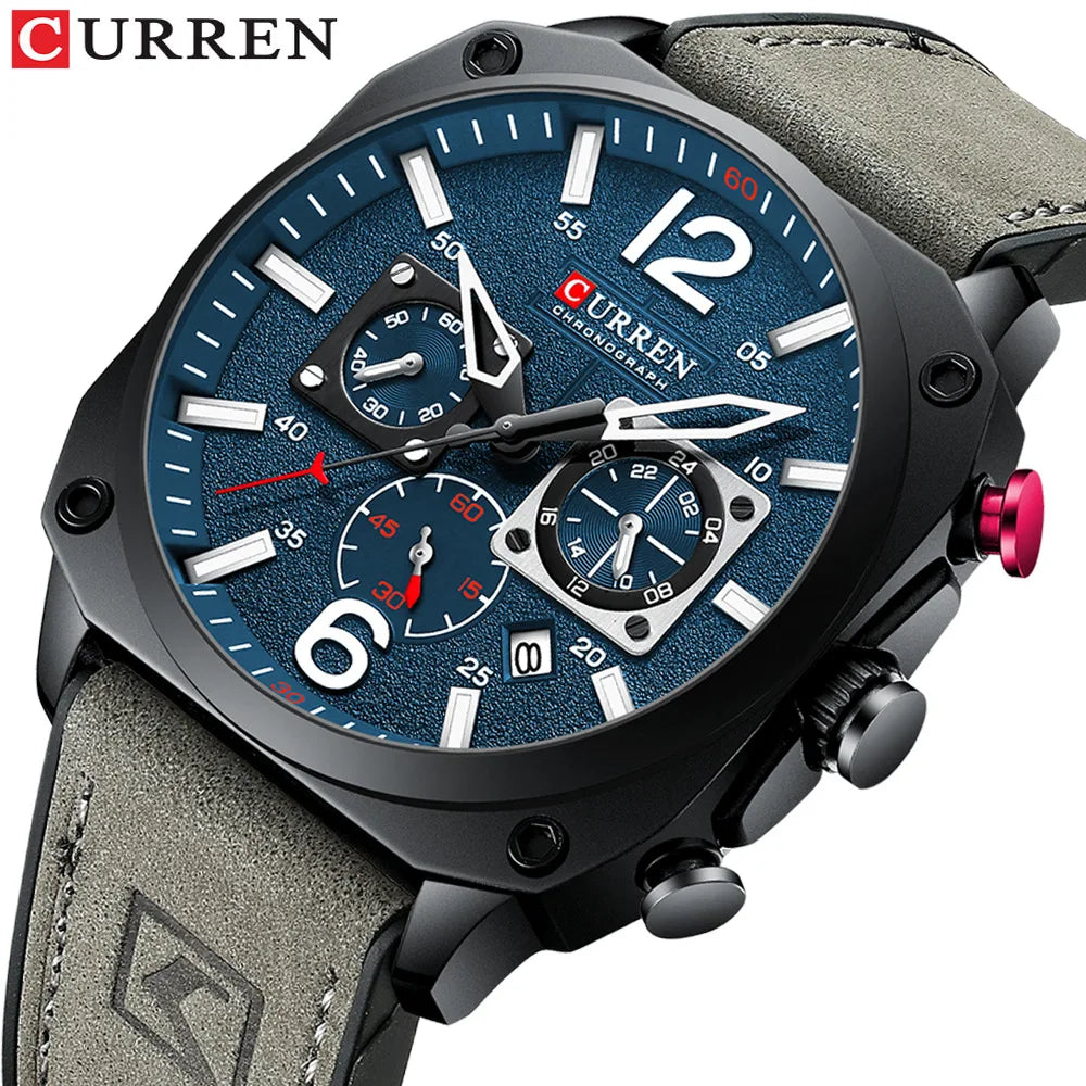 CURREN 8398 Fashion Water-resistant Men's Watch, Six-hand Calendar Quartz Wristwatch with Leather Strap