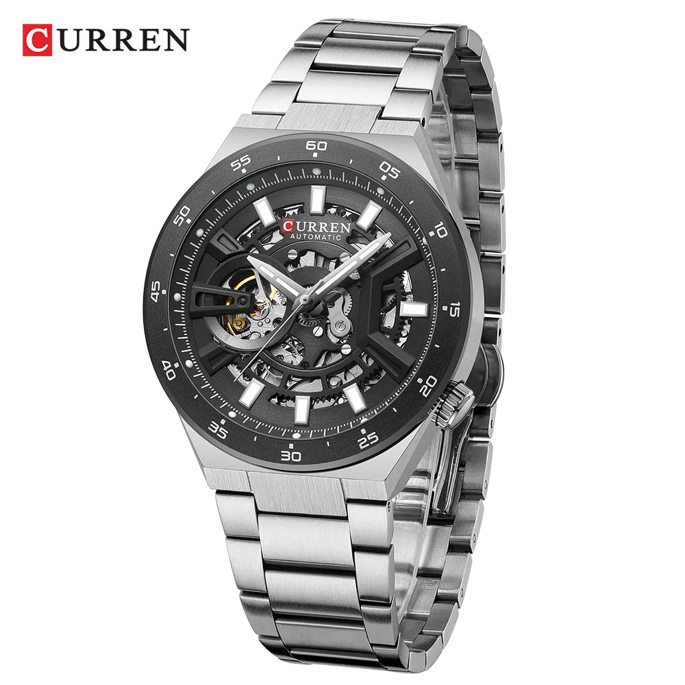 Curren 8486 Skeleton Automatic Watch - Silver Black