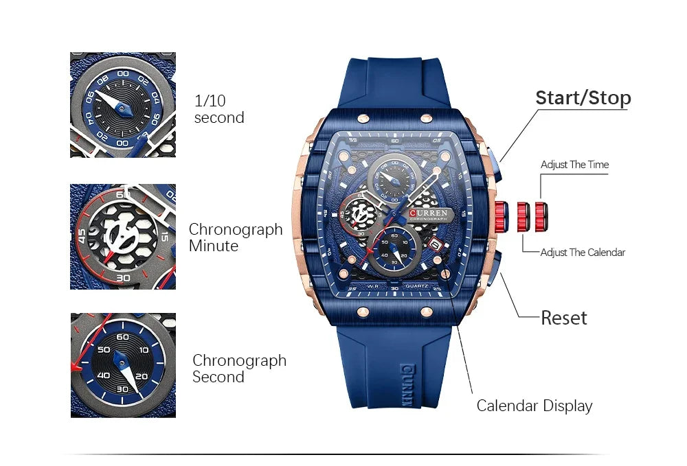 Curren 8442 Rectangular Sports Chronograph dial detail