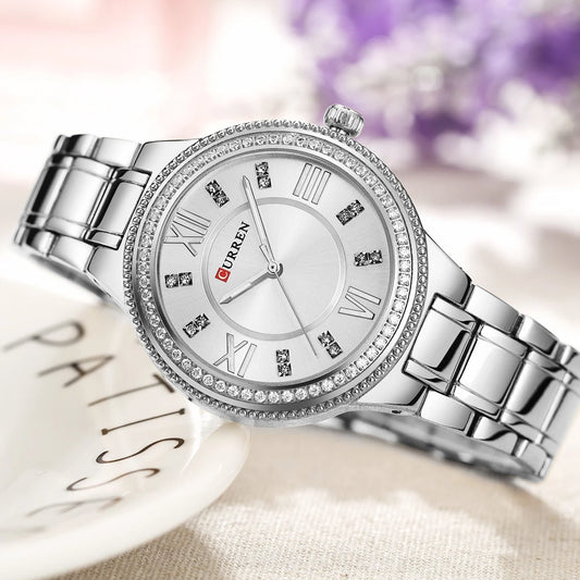 Curren Women Watch Quartz Watch for Female Fashion Ladies Wristwatches Iced Out Dimaond Reloj Mujer Silver Stainless Steel Clock