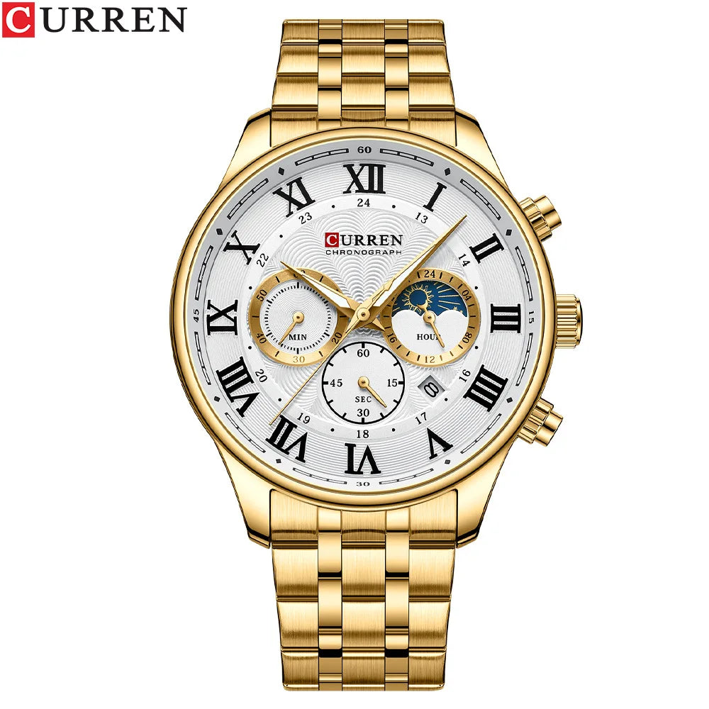 CURREN 8427 Men's Quartz Watch Fashion Business Calendar Stainless Steel Strap Silver Gold Wristwatch for Male