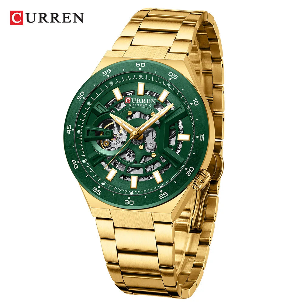 Curren 8486 Skeleton Automatic Watch - Gold Green