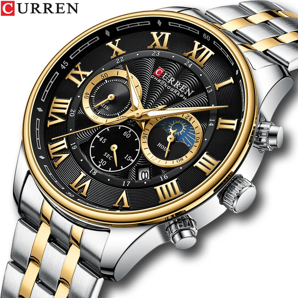 CURREN 8427 Men's Quartz Watch Fashion Business Calendar Stainless Steel Strap Silver Gold Wristwatch for Male