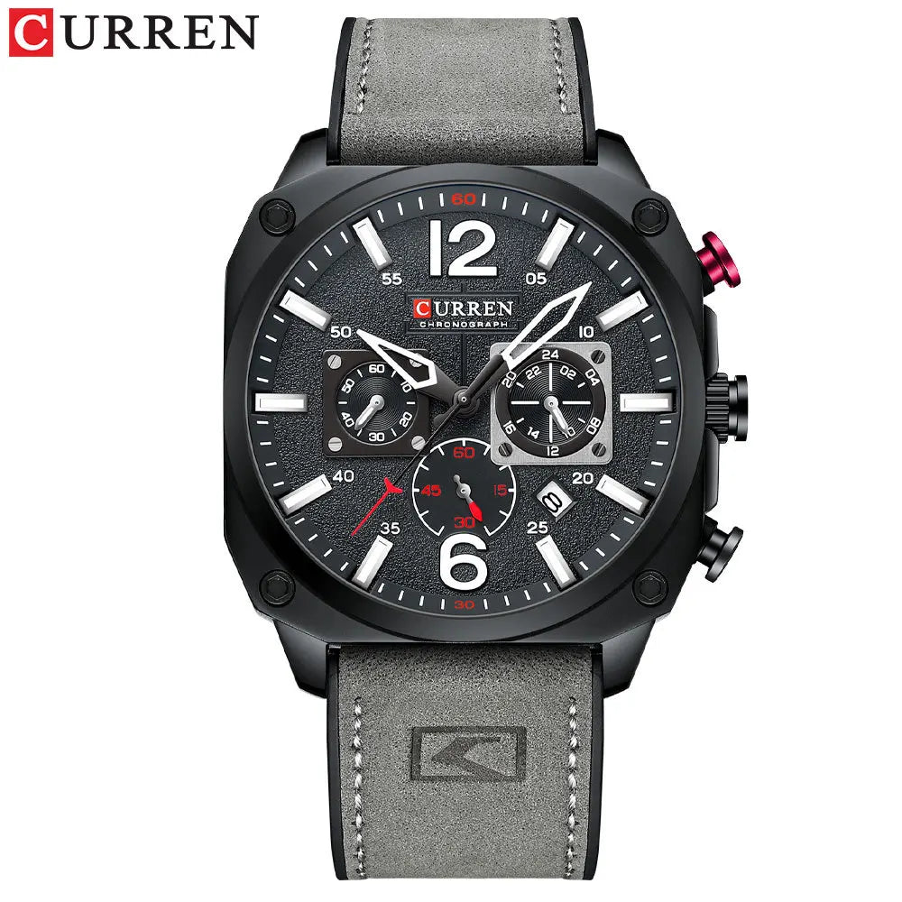 CURREN 8398 Fashion Water-resistant Men's Watch, Six-hand Calendar Quartz Wristwatch with Leather Strap