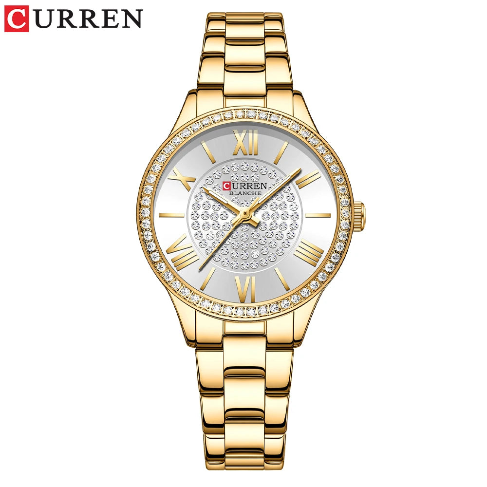 Curren 9084 Crystal Pave Dial Watch - Gold White