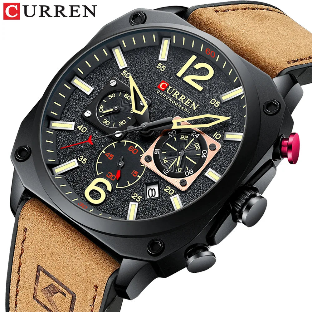 CURREN 8398 Fashion Water-resistant Men's Watch, Six-hand Calendar Quartz Wristwatch with Leather Strap