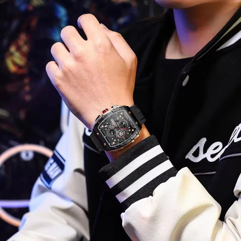 CURREN 8442 Fashion Large Dial Sports Watch with Unique Rectangular Hollow Design Quartz Watch with Automatic Date Chronograph