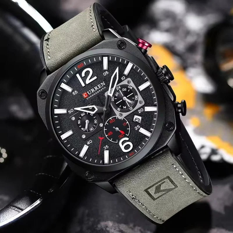 CURREN 8398 Fashion Water-resistant Men's Watch, Six-hand Calendar Quartz Wristwatch with Leather Strap