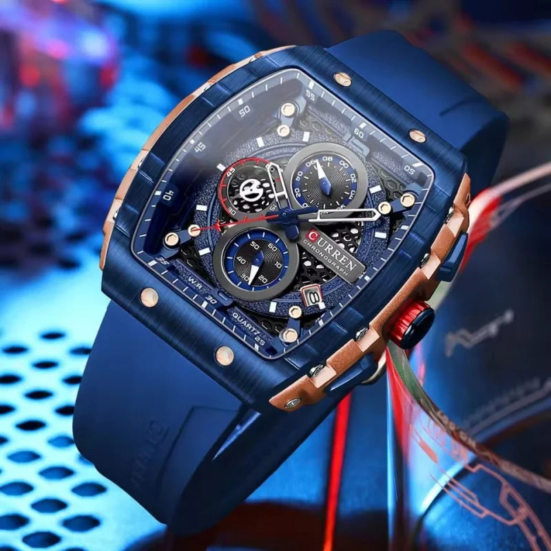 CURREN 8442 Fashion Large Dial Sports Watch with Unique Rectangular Hollow Design Quartz Watch with Automatic Date Chronograph