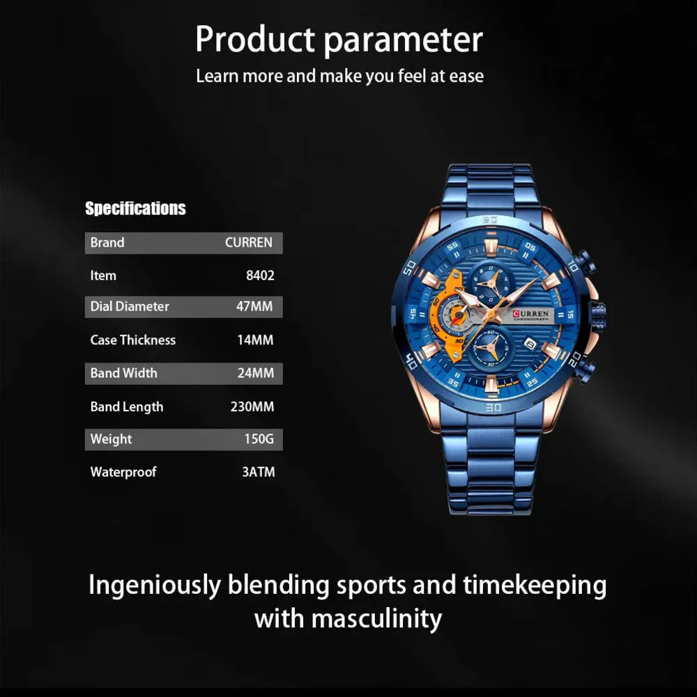 CURREN 8402 Top Brand Men's Stainless Steel Waterproof Quartz Watches Multi functional Date Three Needle Quartz Watches for Men